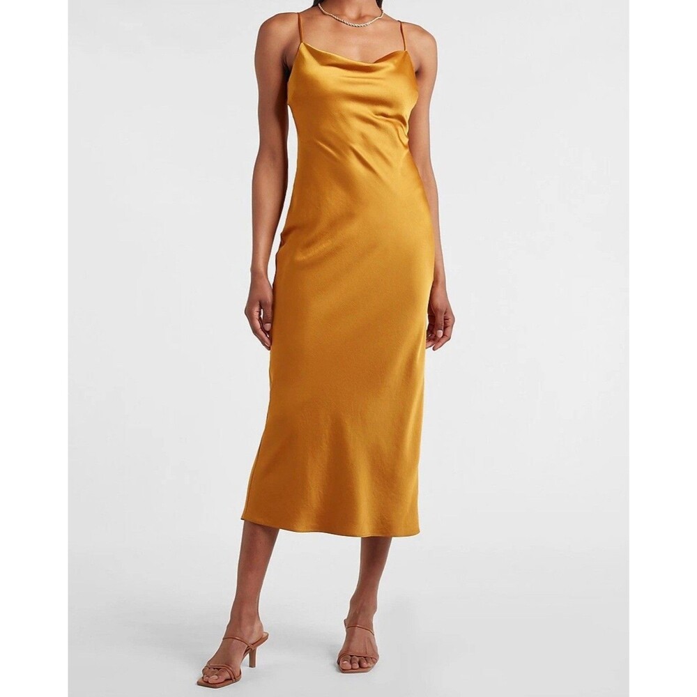 Express Honey Yellow Satin Cowl Neck Midi Slip Dress Size Small
